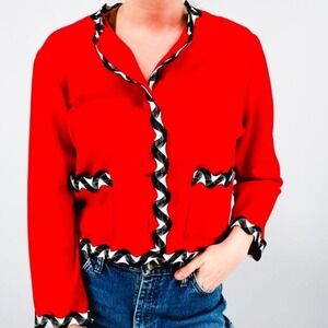 Outlander Vintage Red Cotton Knit Cardigan‎ Sweater Wavy Checkered Trim Large